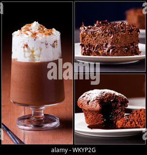 Collage aus drei Fotos von Schokoladendesserts Stockfoto