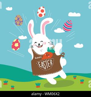Frohe Ostern Hase Weiss mit bunten Eiern und Karotte Freund cartoon Vector Illustration Stock Vektor