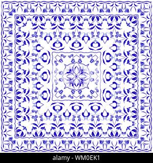 Blau gefärbten Taschentuch. Reich auffälligen Muster für einen Schal. Platz Ornament im orientalischen Stil. Vector Illustration. Stock Vektor