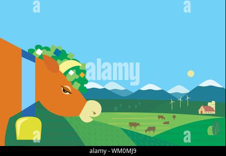 Handgezeichnete ländliche Natur Landschaft Kühe Bauernhof Stock Vektor