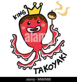 Japanische Lebensmittel König Takoyaki Oktopus Cartoon Vektor Illustration Doodle Stil Stock Vektor