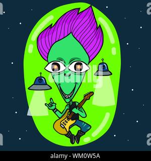 Punk Rocker alien Gitarre spielen im Raum cartoon Vector Illustration Stock Vektor