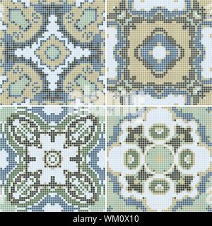 Eine Sammlung von Keramikfliesen in Grün retro Farben. Eine Reihe von quadratischen Muster im ethnischen Stil. Vector Illustration. Stock Vektor