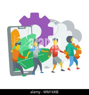 Die Leute fragen sich von mobilen Bildschirm. Empfehlungsmarketing, Network Marketing, Business Partnerschaft, Referral Programm Strategie. Flache cartoon Design, Vektor Stock Vektor