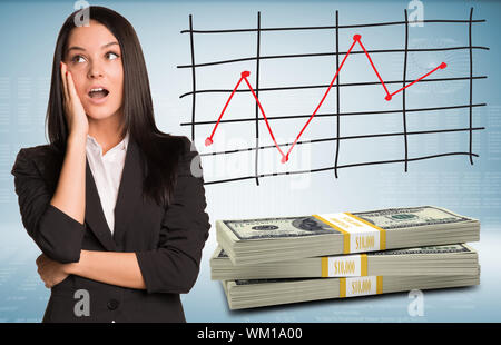 Überrascht Geschäftsfrau mit packs Dollar. Zeitplan für Preiserhöhungen im Hintergrund Stockfoto