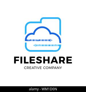 Cloud File Share Tech Logo template Design mit Ordner und Pfeil. Stock Vektor