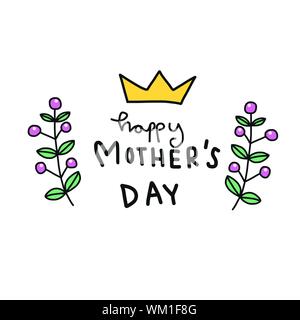 Glückliche Mutter Tag Wort Handschrift mit Berry und Krone frame cartoon Vektor-illustration doodle Stil Stock Vektor