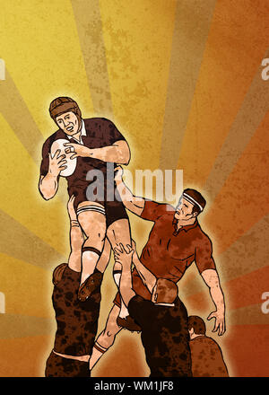 Poster Illustration ein Rugby-Spieler springen fangen Ball im Lineout im Grunge Texturen Hintergrund Stockfoto