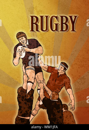 Poster Illustration ein Rugby-Spieler springen fangen Ball im Lineout im Grunge Texturen Hintergrund Stockfoto