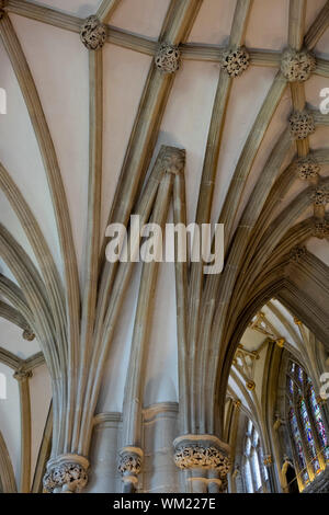 Ungerade vaulting in der Nähe der Marienkapelle, Wells Cathedral, Somerset, Großbritannien Stockfoto