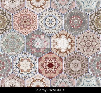 Helle nahtlose Muster der sechseckige Fliesen mit Vintage Ornament. Bunte Vektor Elemente für die Gestaltung von Tapeten, Stoff oder Geschenkpapier. Stock Vektor