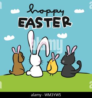 Frohe Ostern niedlichen Tier Freunde tragen Kaninchen Ohr suchen Himmel Cartoon Vektor Illustration Stock Vektor