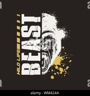 Gorilla Grafik Vektor Design T-Shirt mit Farbe spritzt. Wild lebende Tier. Stock Vektor