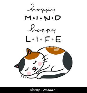 Happy Mind glückliches Leben nette Katze schlafen Cartoon Vektor Illustration Stock Vektor