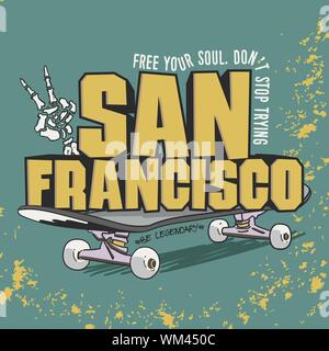 Skateboard San Francisco mit Knochen. Graffiti Design. Mode Typografie T-Stück grafik design Stock Vektor