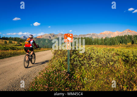 Biker auf dem Galloping Goose Trail, Uncompahgre National Forest, Colorado USA (MR) Stockfoto