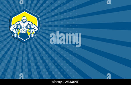 Business Karte zeigt Abbildung: ein Bodybuilder anheben Hantel flexing Muskeln von vorne gesehen innen Schild Crest auf isolierten Hintergrund Stockfoto