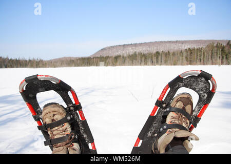 Schneeschuhe aus einer Winterwanderung durch einen zugefrorenen See in Québec, Kanada. Stockfoto