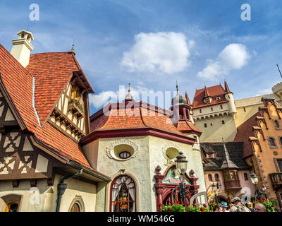 Ansicht des Epcot Themenpark in Disney World in Orlando, Florida. Epcot ist einer der größten Themenparks im Park. Stockfoto