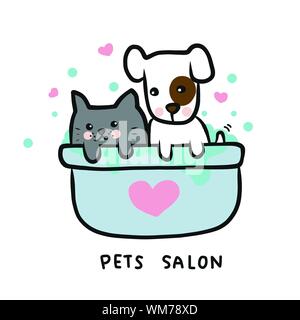 Hund und Katze Duschen in der Badewanne, Pet Salon logo cartoon Vektor-illustration doodle Stil Stock Vektor