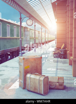 Eine Reihe von Vintage Gepäck bestehend aus Leder Altfällen auf der Plattform von einem Retro-Bahnhof Stockfoto