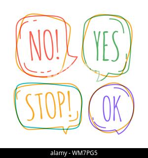 Satz von verschiedenen Sprechblase in doodle Stil mit Text keine, Stop, ok, ja im Inneren. Stock Vektor