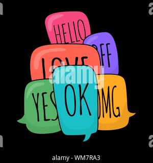 Set aus bunten verschiedenen Sprechblase in doodle Stil mit Text ok, Hallo, Ja, Nein, omg, Liebe, bff im Inneren. Stock Vektor