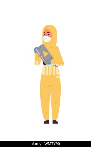 Weiblichen wissenschaftlichen Forschern mit Fass mit Warnschild Frau in Schutzanzug Arbeiten mit gefährlichen Chemikalien Forschung Wissenschaft chemische Stock Vektor