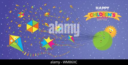 Der glückliche Kinder Tag Grußkarte. Kinder, die auf einem grünen Planeten fliegen viele gelbe, grüne und rote Drachen mit einem glücklichen Sonne hinter den Planeten Stock Vektor