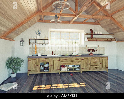moderne Küche Interieur mit Insel auf dem Dachboden (3d Design-Konzept) Stockfoto