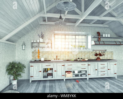 moderne Küche Interieur mit Insel auf dem Dachboden (3d Design-Konzept) Stockfoto