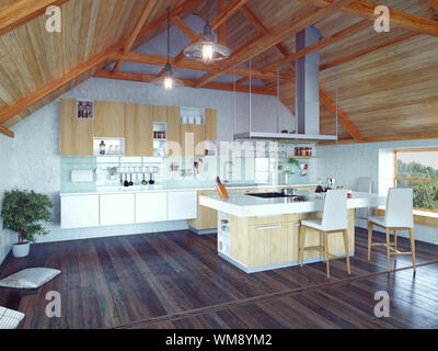 moderne Küche Interieur mit Insel auf dem Dachboden (3d Design-Konzept) Stockfoto