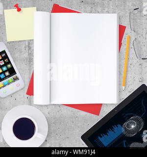 Leerer Hinweis Pad mit Büro und Geschäft arbeiten Elemente um, auf glatten Stein, Oberfläche, Ansicht von oben Stockfoto