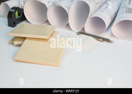 Zeichnung Brötchen, dem Builder, tceramic Fliesen, Fliese Bohrer, spachtelmesser Stockfoto