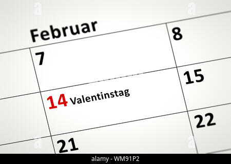 Ein Bild von einem Kalender Detail zeigt Februar 14 Valentinstag in deutscher Sprache Stockfoto