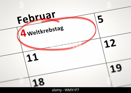 Ein Bild von einem Detailfenster Kalender zeigt den 4. Februar Weltkrebstag in deutscher Sprache Stockfoto