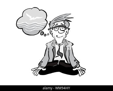 Charakter Bertrand sitzt in Lotus-Position und meditiert. Stockfoto