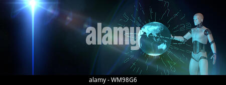 Roboter mit einem Hologramm des Planeten Erde, männlich Android arbeiten an einem futuristischen leuchtende Display (3d-sci-fi Abbildung Banner) Stockfoto
