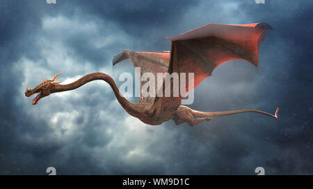 Drachen, nassen Kreatur fliegen durch einen schweren Sturm (3d fantasy Abbildung) Stockfoto