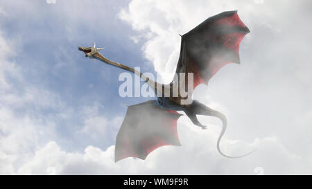 Riesige Drachen, Märchen Kreatur durch die Wolken fliegen Stockfoto