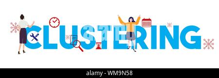 Clustering Statistiken Diagramm Vektorsymbol, Abbildung auf großer Text Frau arbeiten im Cluster Stock Vektor