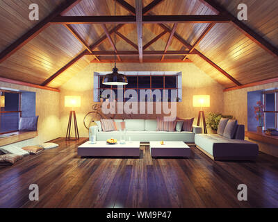 Wunderschönes modernes Interior Loft am Abend. 3D-Konzeption. Stockfoto