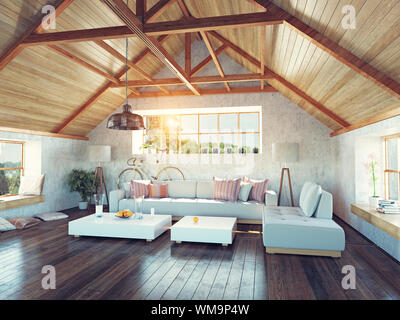 schöne moderne Dachgeschoss Interieur. 3D Design-Konzept. Stockfoto