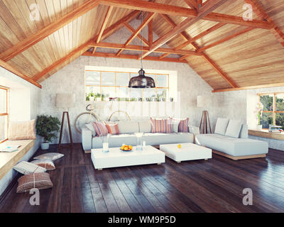 schöne moderne Dachgeschoss Interieur. 3D Design-Konzept. Stockfoto