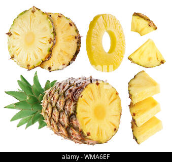 Ananas. Ananas Segmente und Scheiben auf weißem Hintergrund. Stockfoto
