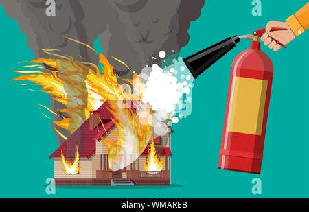 Hölzerne Haus brennt Feuer in der Hütte. Löschen Feuer im Hause. Feuerwehrmann mit Feuerlöscher. Orange Flammen, Rauch und Funken. Sachversicherung. Naturkatastrophe. Flache Vector Illustration Stock Vektor