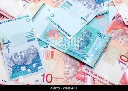 Malaysia Ringgit 1, 10 und 50 hautnah. Stockfoto