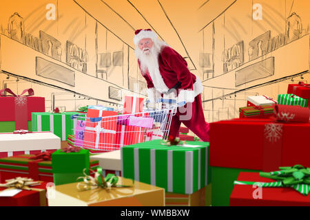Santa mit Geschenken von Karre gegen orange Vignette Stockfoto