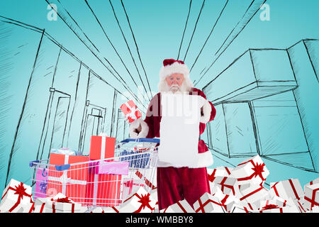 Santa mit Geschenken von Warenkorb gegen den blauen Vignette Stockfoto