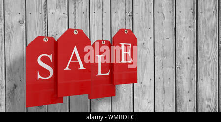 Red verkauf Tags gegen digital erzeugten grau Holzbohlen Stockfoto